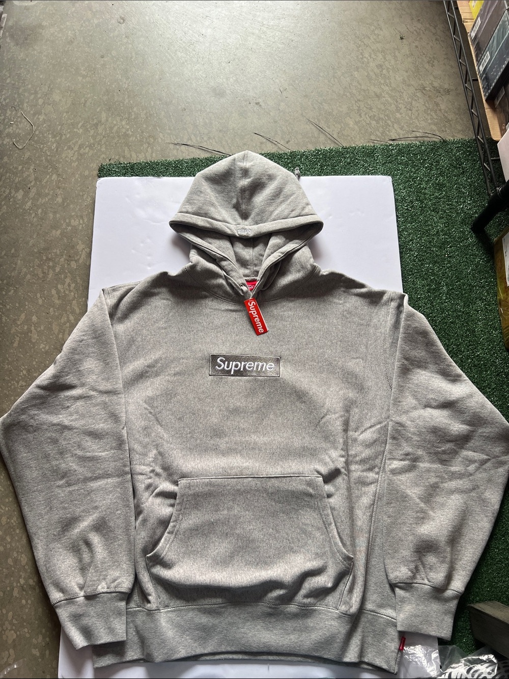 Supreme Grey Box Logo Hoodie with Red Tag